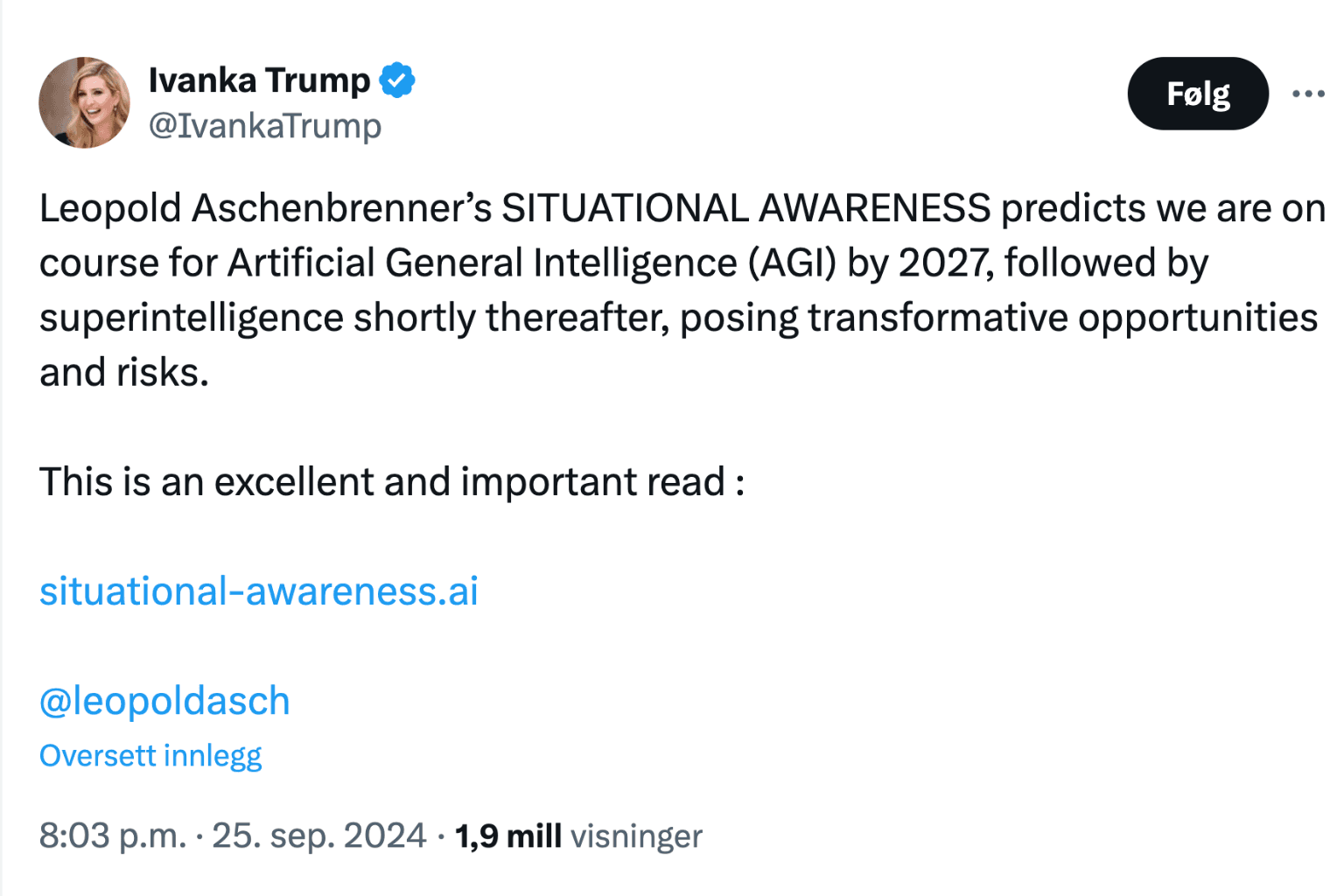 Hvis Ivanka Trump gidder å lese 165 sider i sommer, så bør du gidde også. Skjermdump: X